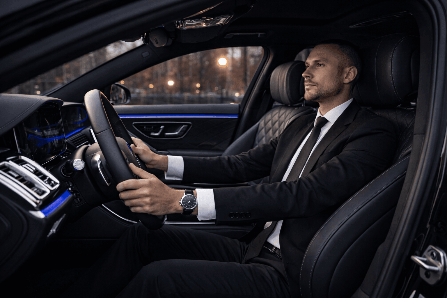 Professionele taxichauffeur en moderne taxi in de Randstad